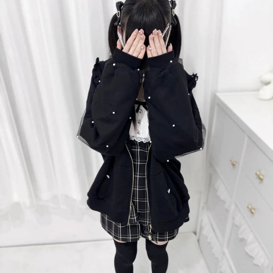 Lace Bunny Ears Black White Zip-up Hoodies