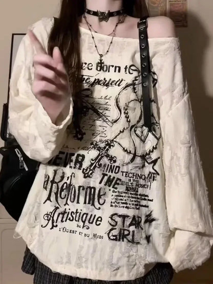 Gothic Graphic Off-Shoulder Buckle Long Sleeve Beige Gray Tee
