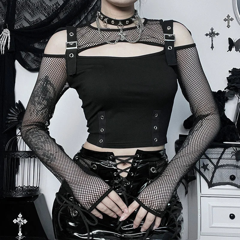 Midnight Mesh Buckle Gothic Women's Crop Top