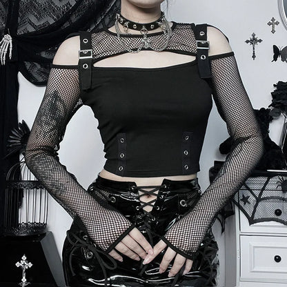 Midnight Mesh Buckle Gothic Women's Crop Top