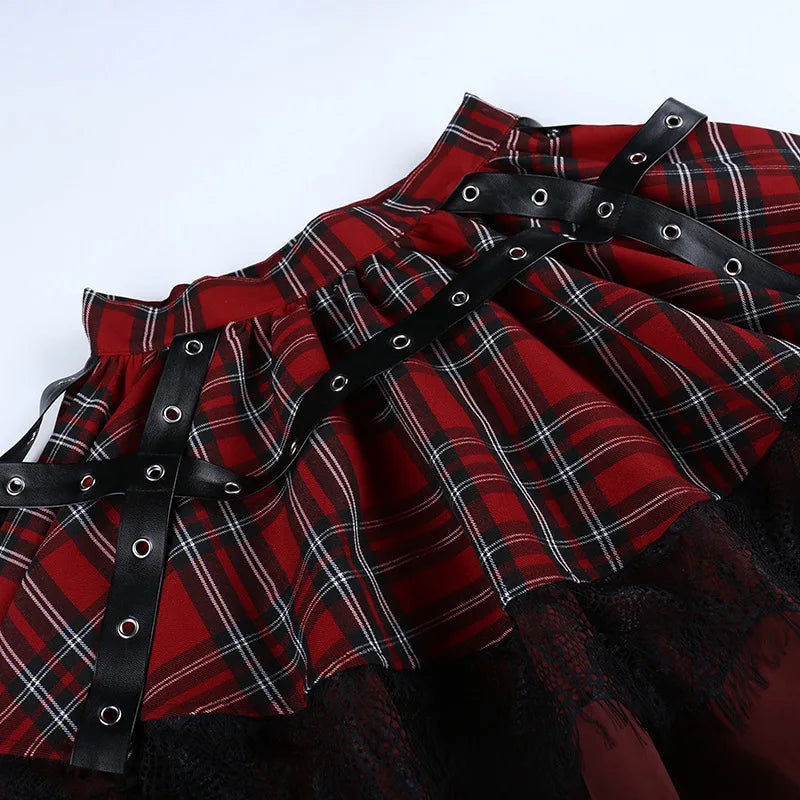 Harajuku Lolita Gothic Rouge Red Laced Plaid Pleated Skirt