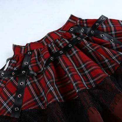 Harajuku Lolita Gothic Rouge Red Laced Plaid Pleated Skirt