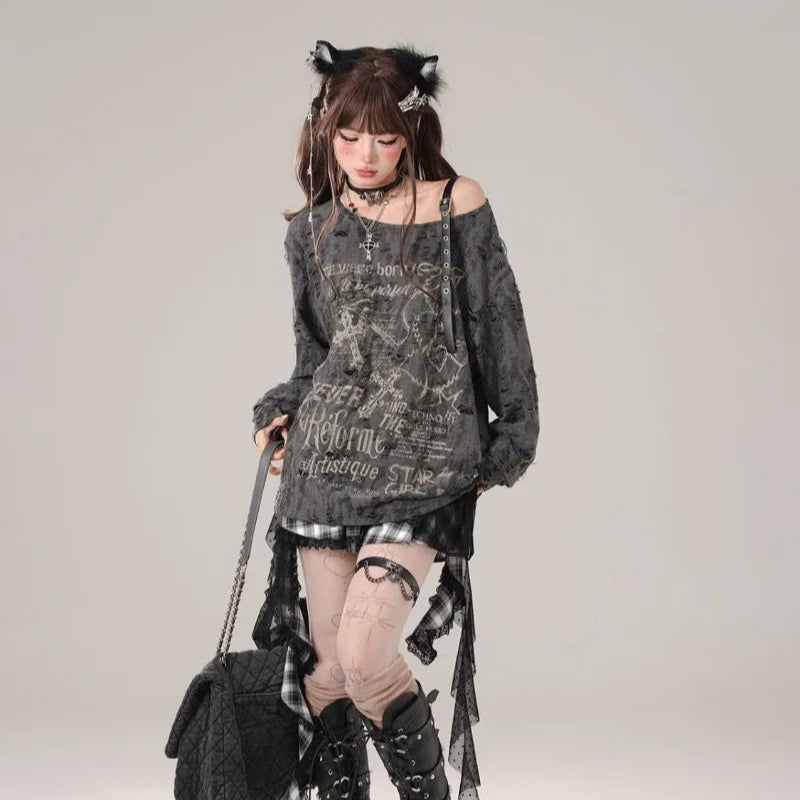 Gothic Graphic Off-Shoulder Buckle Long Sleeve Beige Gray Tee
