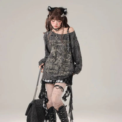 Gothic Graphic Off-Shoulder Buckle Long Sleeve Beige Gray Tee
