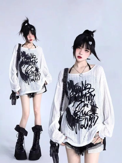 Graffiti Print Oversized Ribbed Long Sleeve Top