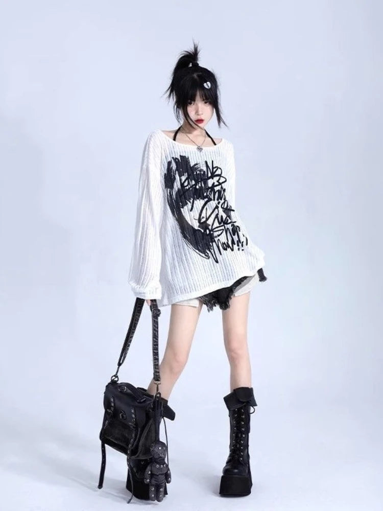 Graffiti Print Oversized Ribbed Long Sleeve Top