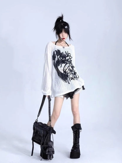 Graffiti Print Oversized Ribbed Long Sleeve Top