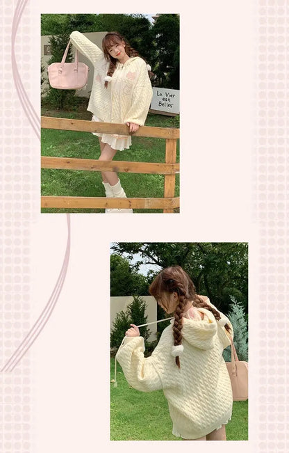 Kawaii Creamy Knit Cat Patch Zip-Up Hoodie