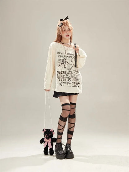 Gothic Graphic Off-Shoulder Buckle Long Sleeve Beige Gray Tee