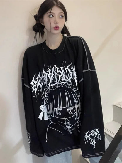 Oversized Harajuku Gothic "Sickness" Anime Girl White Black Tee