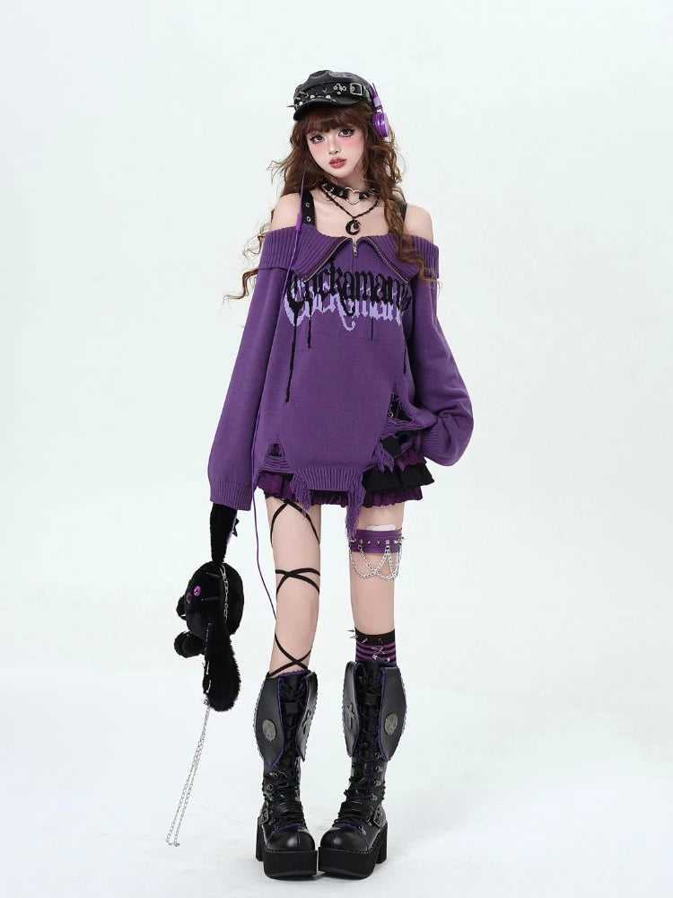 Gothic Off-Shoulder Oversized Women's Black Purple Sweater