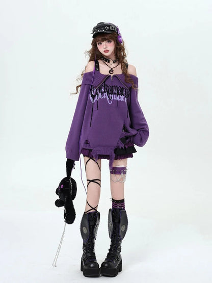 Gothic Off-Shoulder Oversized Women's Black Purple Sweater