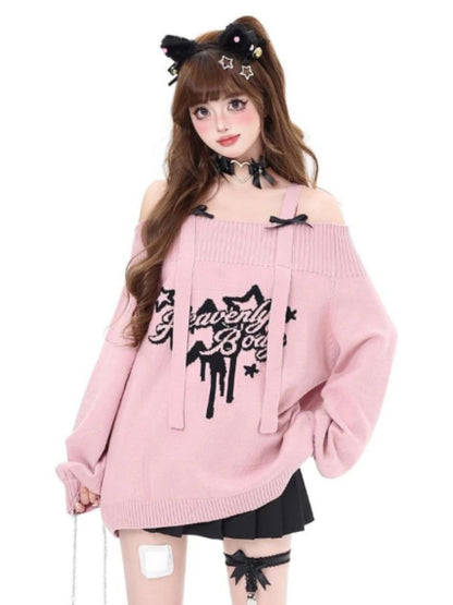 Gothic "Heavenly Body" Oversized Off-Shoulder Women's Black Pink Sweater