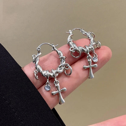 Chrome Cross Hoop Earrings