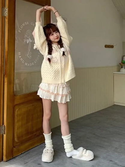 Kawaii Creamy Knit Cat Patch Zip-Up Hoodie