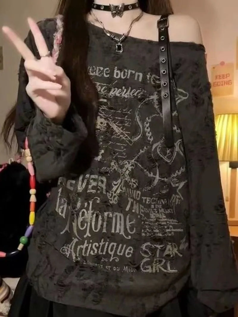 Gothic Graphic Off-Shoulder Buckle Long Sleeve Beige Gray Tee