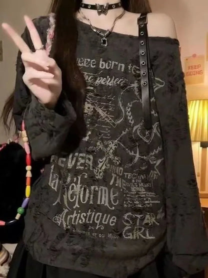 Gothic Graphic Off-Shoulder Buckle Long Sleeve Beige Gray Tee