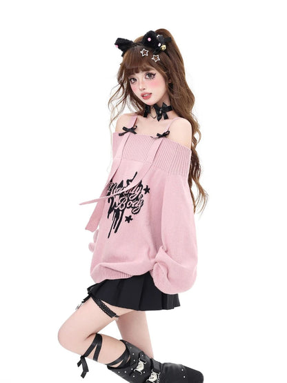 Gothic "Heavenly Body" Oversized Off-Shoulder Women's Black Pink Sweater