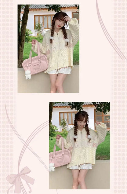 Kawaii Creamy Knit Cat Patch Zip-Up Hoodie