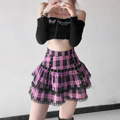 Harajuku Lolita Gothic Black Pink Laced Plaid Pleated Skirt