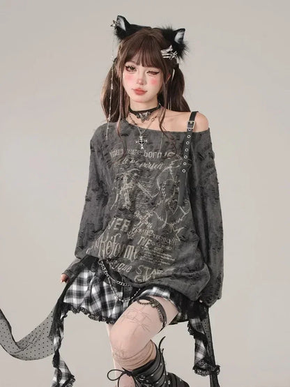 Gothic Graphic Off-Shoulder Buckle Long Sleeve Beige Gray Tee
