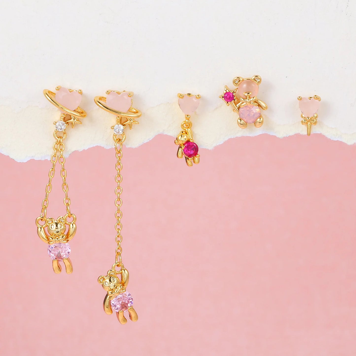 Cosmic Teddy Bear Dreams 18k Gold-plating Earrings (5pc Set)