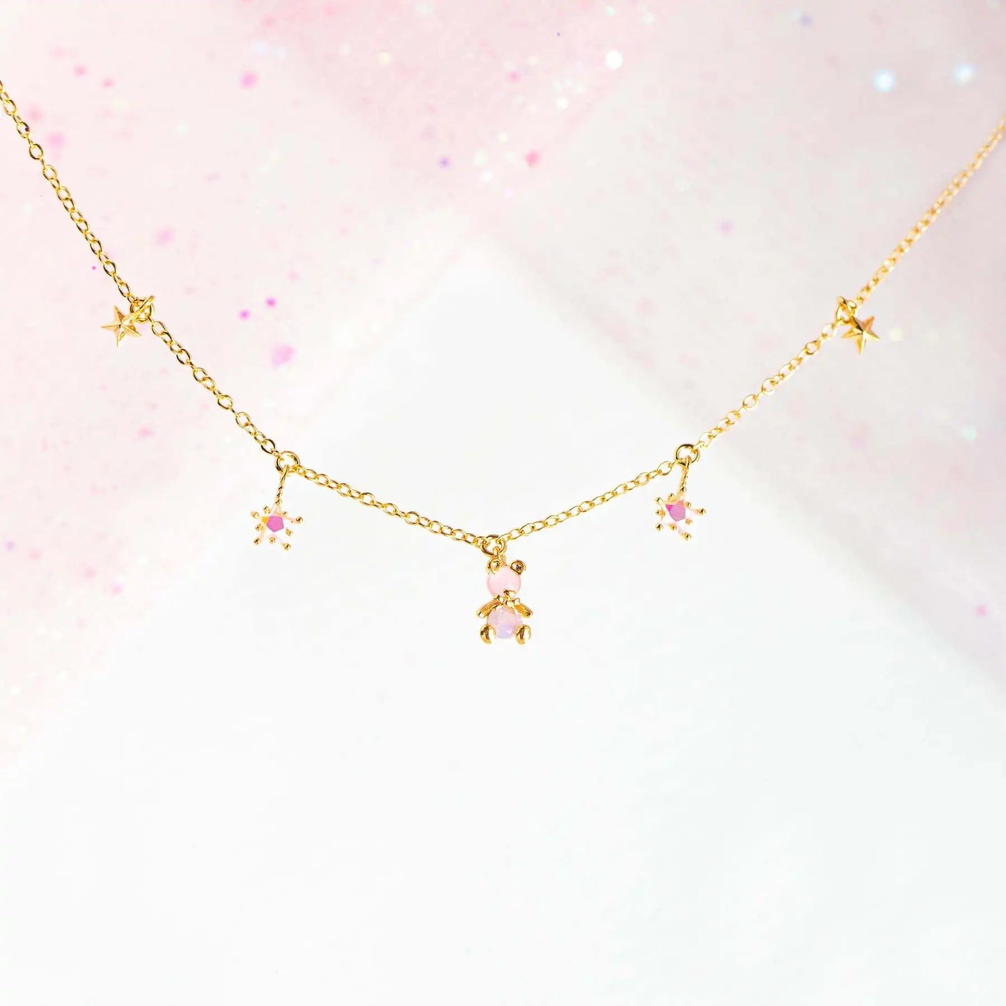 Kawaii Starry Bear Pink 18K Gold-Plated Station Necklace