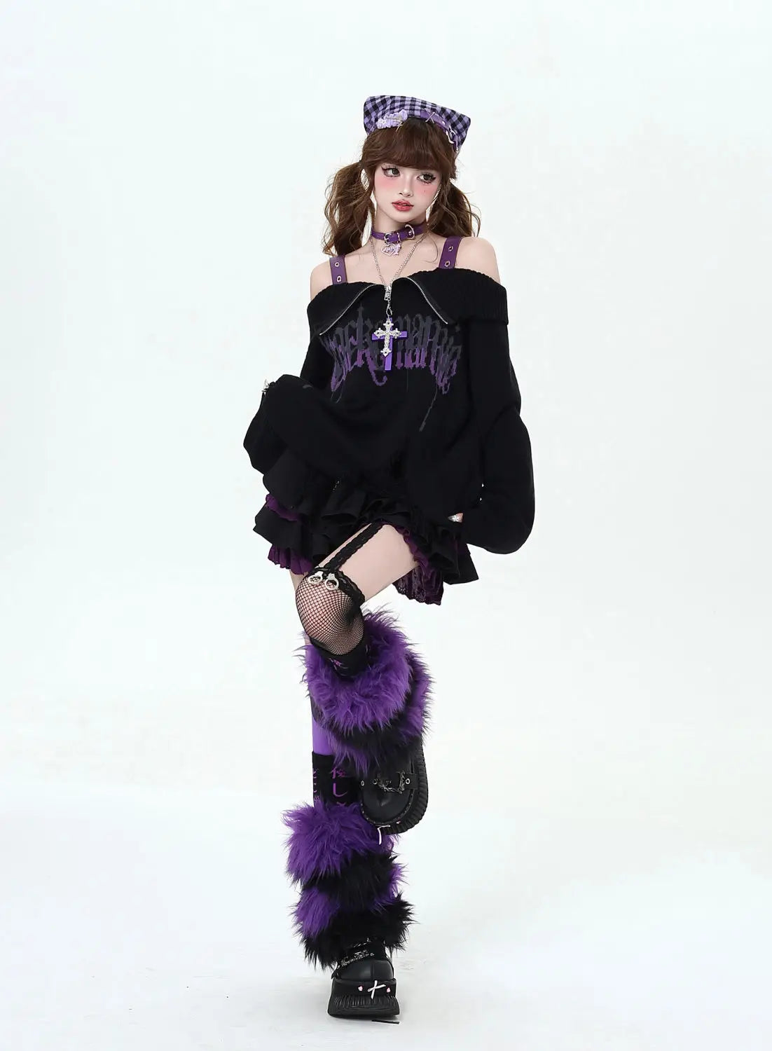 Gothic Off-Shoulder Oversized Women's Black Purple Sweater