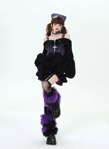 Gothic Off-Shoulder Oversized Women's Black Purple Sweater