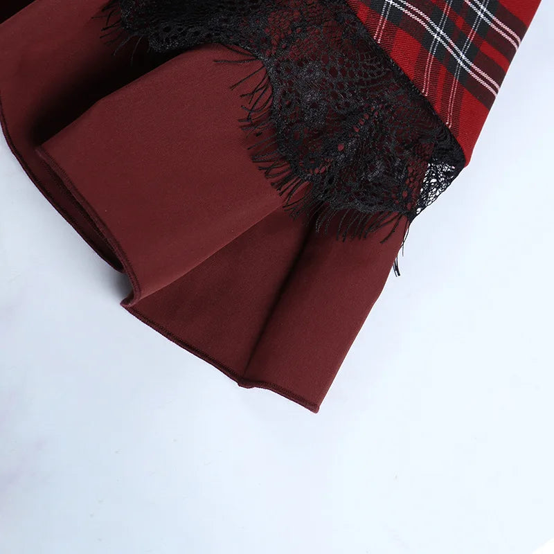 Harajuku Lolita Gothic Rouge Red Laced Plaid Pleated Skirt
