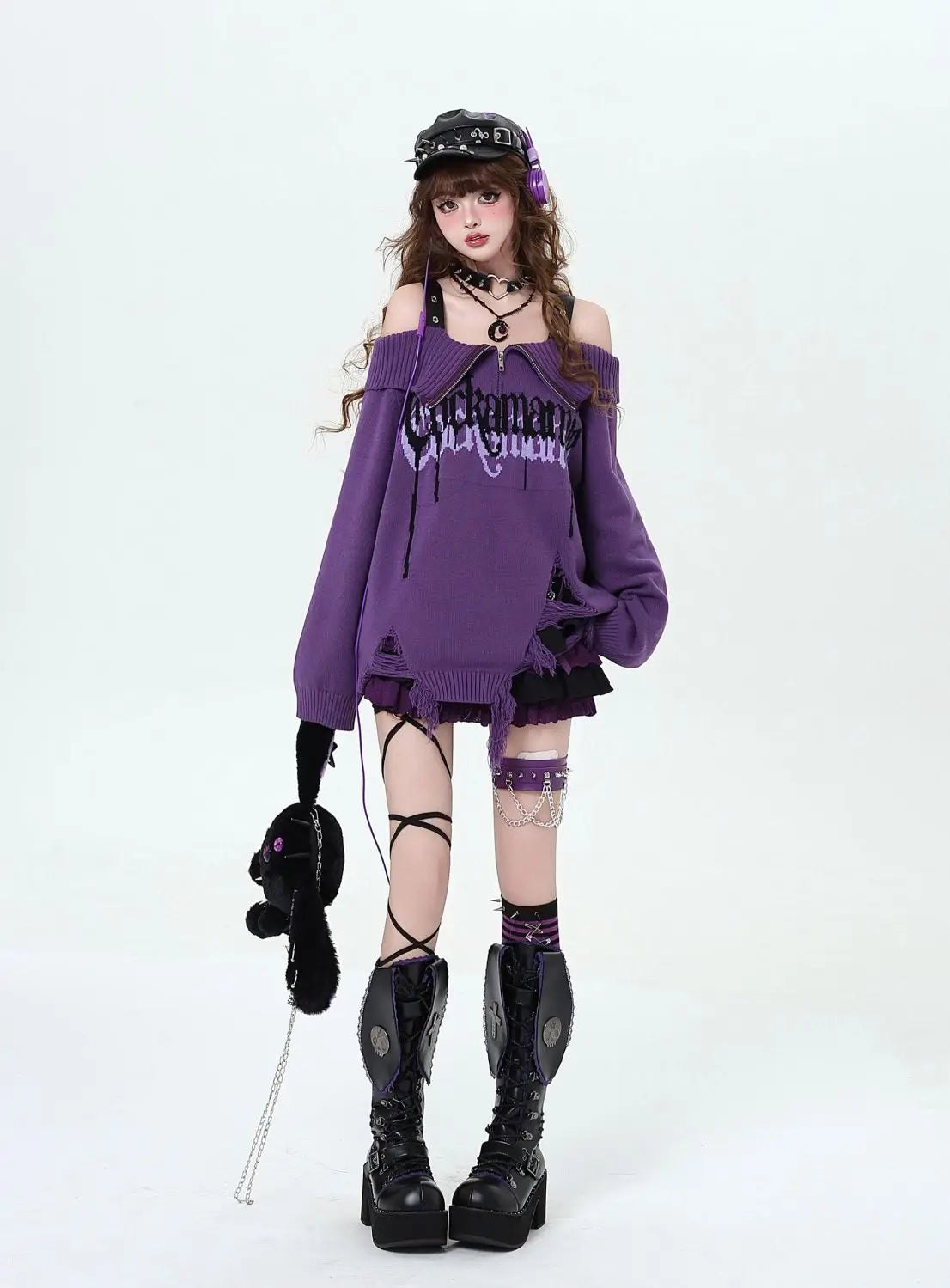 Gothic Off-Shoulder Oversized Women's Black Purple Sweater