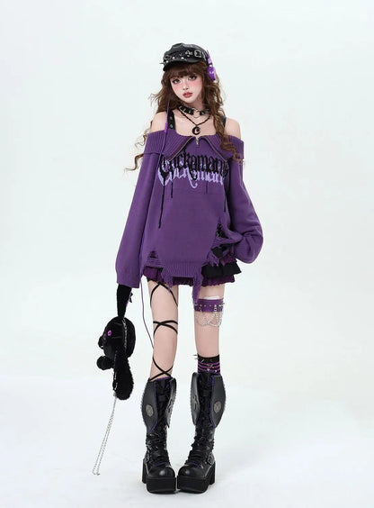 Gothic Off-Shoulder Oversized Women's Black Purple Sweater