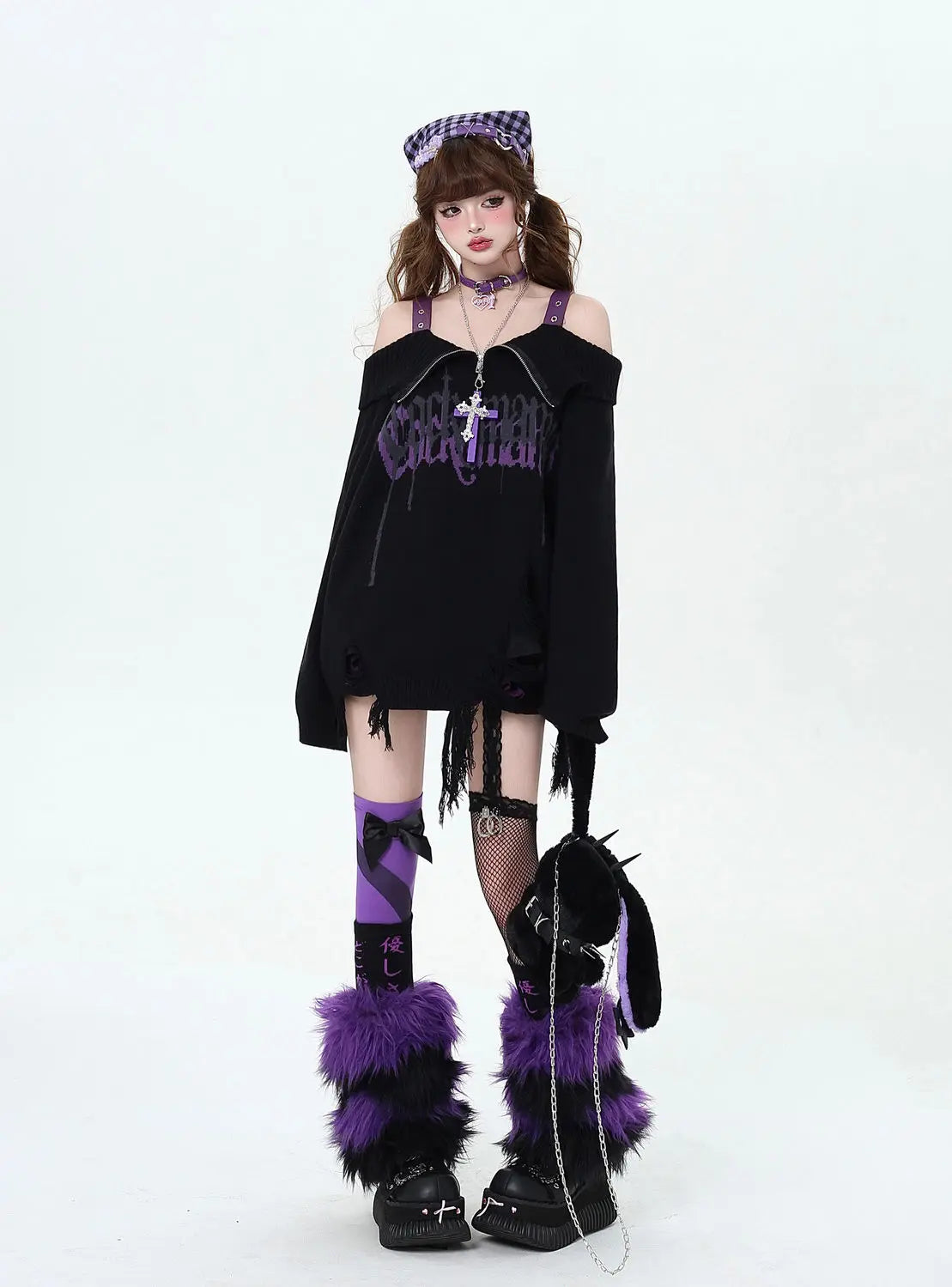 Gothic Off-Shoulder Oversized Women's Black Purple Sweater