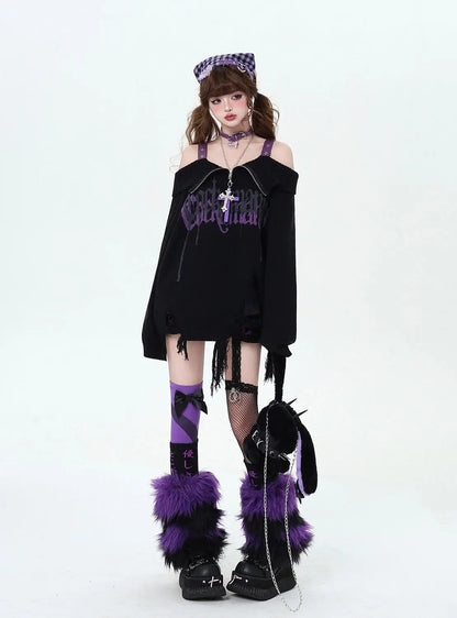 Gothic Off-Shoulder Oversized Women's Black Purple Sweater