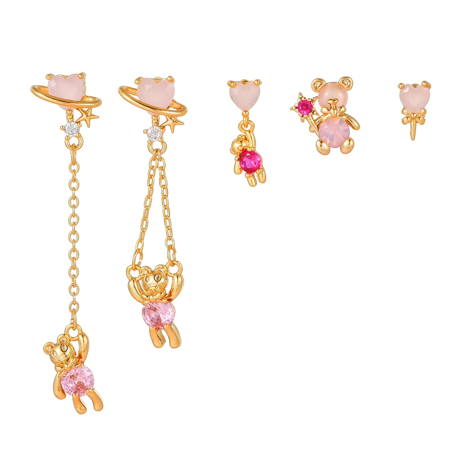 Cosmic Teddy Bear Dreams 18k Gold-plating Earrings (5pc Set)