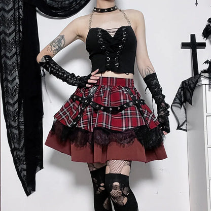 Harajuku Lolita Gothic Rouge Red Laced Plaid Pleated Skirt