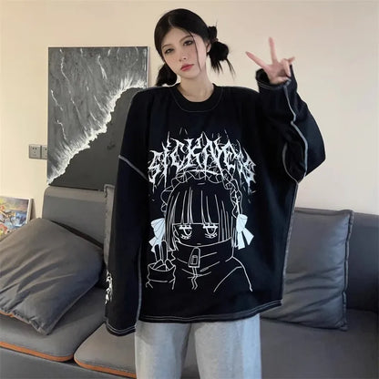 Oversized Harajuku Gothic "Sickness" Anime Girl White Black Tee