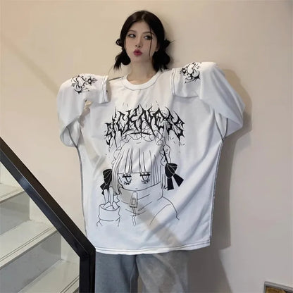Oversized Harajuku Gothic "Sickness" Anime Girl White Black Tee