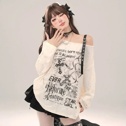 Gothic Graphic Off-Shoulder Buckle Long Sleeve Beige Gray Tee