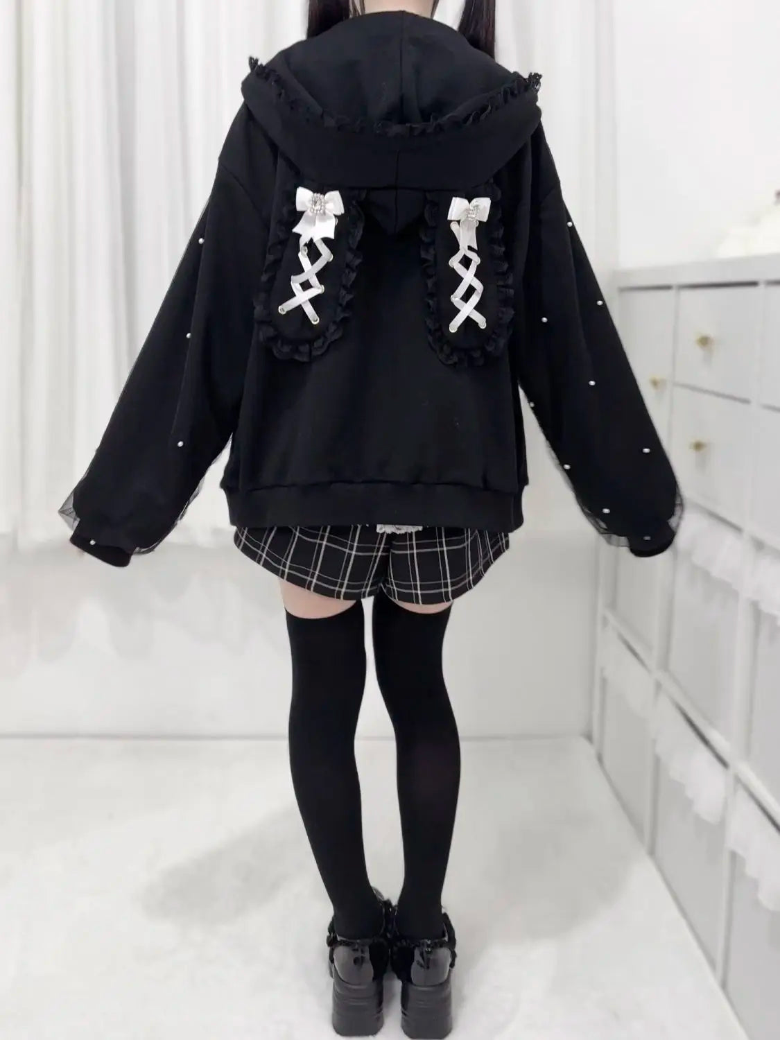 Lace Bunny Ears Black White Zip-up Hoodies