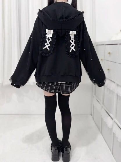 Lace Bunny Ears Black White Zip-up Hoodies