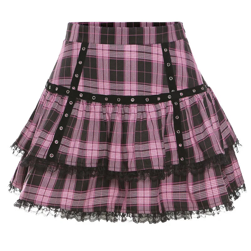 Harajuku Lolita Gothic Black Pink Laced Plaid Pleated Skirt