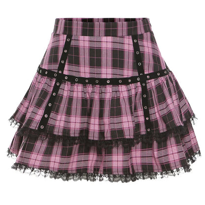 Harajuku Lolita Gothic Black Pink Laced Plaid Pleated Skirt