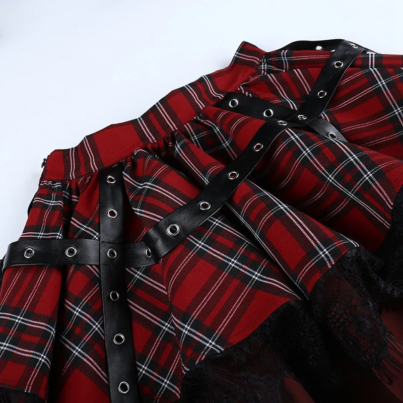 Harajuku Lolita Gothic Rouge Red Laced Plaid Pleated Skirt