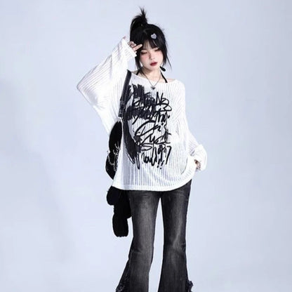 Graffiti Print Oversized Ribbed Long Sleeve Top