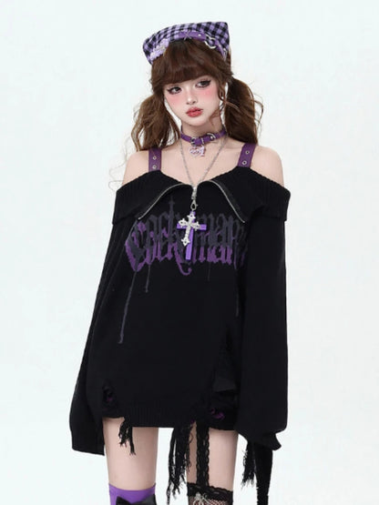 Gothic Off-Shoulder Oversized Women's Black Purple Sweater