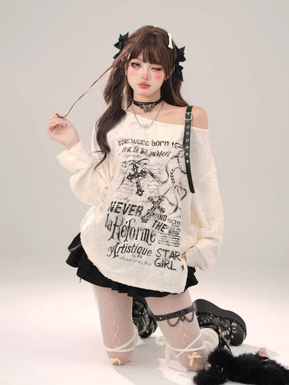 Gothic Graphic Off-Shoulder Buckle Long Sleeve Beige Gray Tee