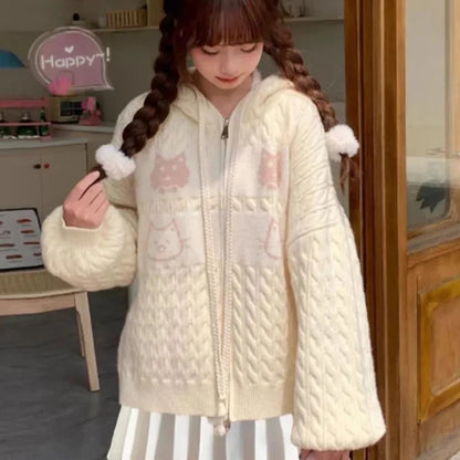 Kawaii Creamy Knit Cat Patch Zip-Up Hoodie