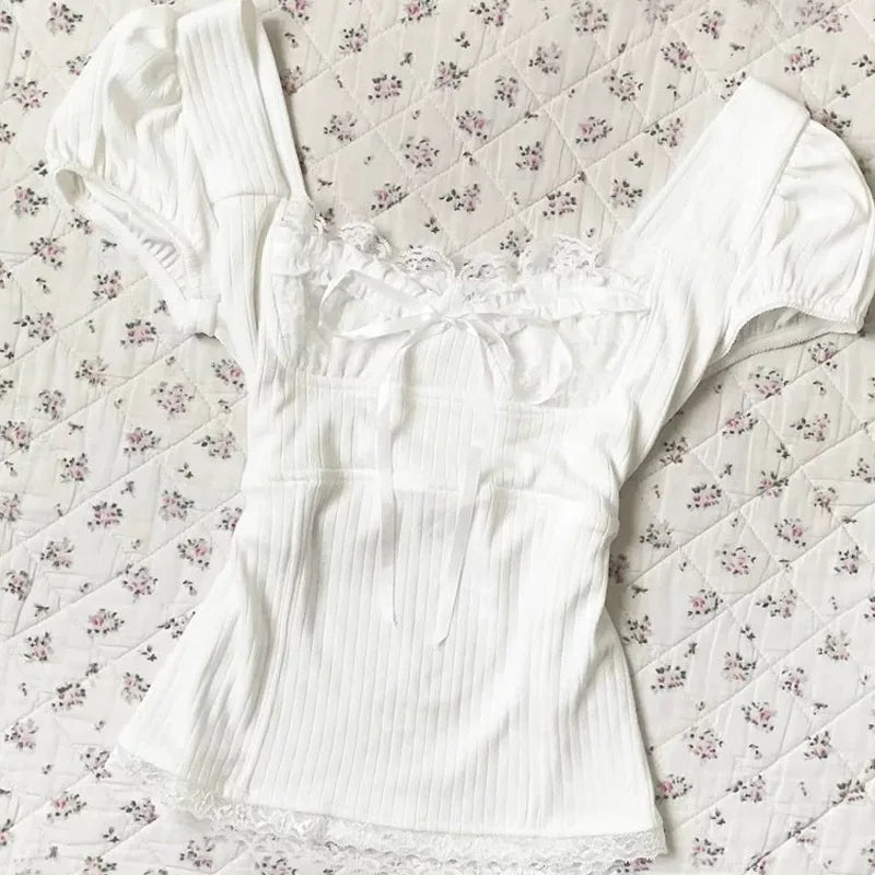 Sweetheart White Lace Ribbed T-shirt