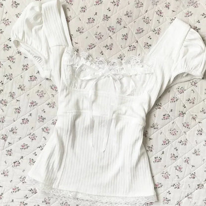 Sweetheart White Lace Ribbed T-shirt